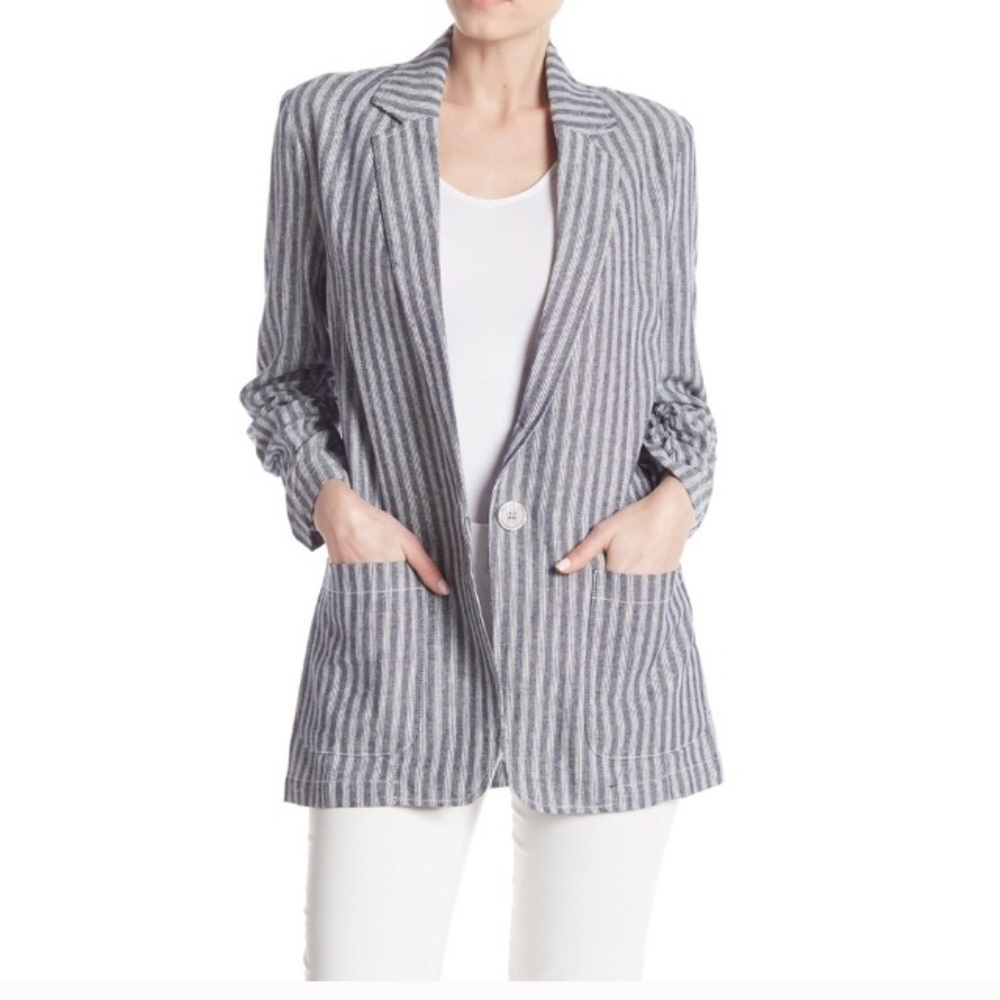Max Studio linen blue white stripped cotton blazer size small